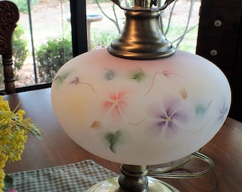 Vintage Fenton Hand Painted Satin Glass Table Lamp on Antique Brass Base - Mother's Day Gift