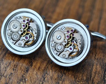 Longines Watch Movement Cufflinks - Steampunk Silver Vintage Wedding Groom Gift Mens Christmas Present