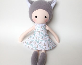 Handmade doll - Rag doll - Stuffed toy - plush doll - Cloth Doll - Fabric Doll - Softie - Plushie - Stuffed doll - with a cat hat.