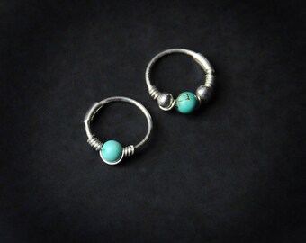 Sterling Silver Hoop / Turquoise Helix / Cartilage Hoop / Dainty Hoops Small / Thin Helix Hoop / Nose Ring / Cartilage Earring /