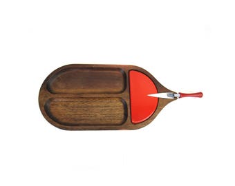 Vintage Mod Wood Cheese Serving Tray with Red Tile and Knife (E9811)