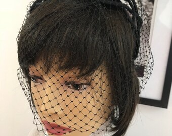 Vintage French Style Black Velvet Hair Bow Fascinator with Short Net Veil