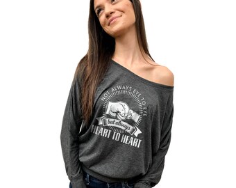 Not always eyes to eyes but always heart to heart Flowy Long Sleeve Off Shoulder Tee, Funny tee. Women's long sleeve Women's