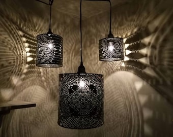 Mandala pendant shadow lamp, torch cut metal lighting plug in pendant light, hard wire kit recycled art welded art lighting. Yoga studio