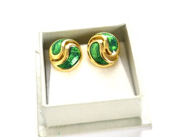 Green Enamel Earrings / Clip On Earrings / Signed Earrings / Green Art Deco Earrings / Green Earrings / Boho Earrings / Statement Earrings