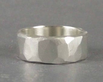 Rustic mens wedding band custom engraved 8mm rough hewn