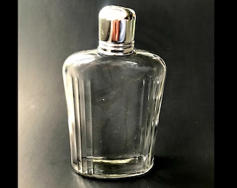 Vintage Glass Hip Flask. Metal Shot Topped Liquor Bottle with Plastic Screw Off Cap.