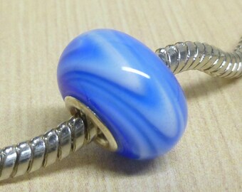 Glass European Style Silver Cored Lampwork Bead Handmade Large Hole Bead Blue with White Swirl