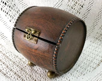 Oak Barrel Shaped Box Circa 1920s-30s - Trinkets, Nic Nacs, Cards, Treasures, Desk Top Beer or Wine Keg Style Container - Brass Fittings