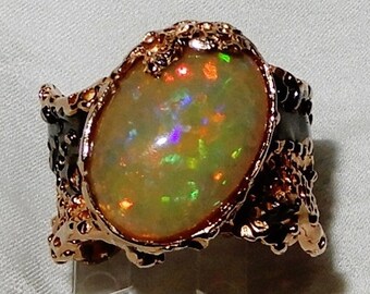 Opal Ring, 18ct AAA+ FULL FIRE Honeycomb Opal stone, 14kt Rose Gold, Black Rhodium Ring Size 10