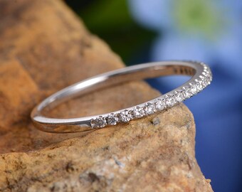 Wedding Band Women White Gold Diamond Band Stacking Half Eternity Band Micro Paved Dainty Bridal Band Engraving Minimalist Promise Ring
