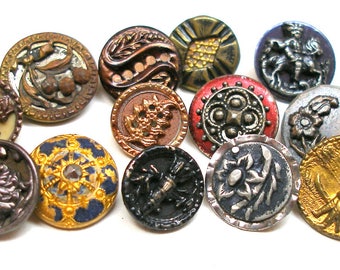 Antique BUTTONS, 13 Victorian mixed lot of metal shabby chic with flowers.