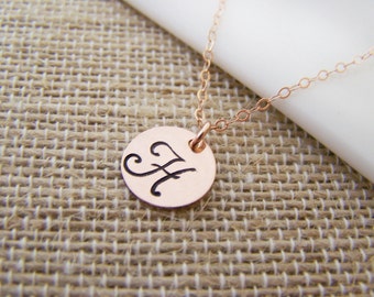 Rose Gold Filled Stamped Initial Disc Monogrammed Necklace / Gift for Her