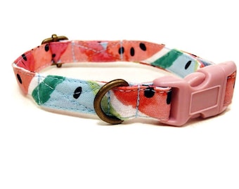 Melon Drop - Tropical Light Blue Pink Playful Watermelon Summer Vintage Organic Cotton CAT Collar - All Antique Metal Hardware