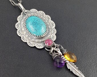 Turquoise Tourmaline Necklace, sterling silver, michele grady, stamped, turquoise, blue silver, turquoise jewelry, boho, bohemian, pendant