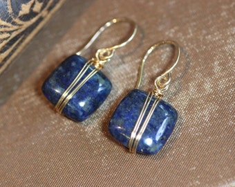 Lapis Earrings Gold Wire Wrapped Blue Gemstone Earrings Gold and Blue Earrings