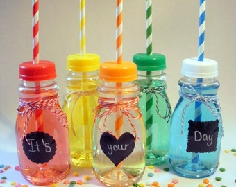 12 Vintage Clear Plastic Milk Bottles and Lids with Straw Holes - Small 8 oz