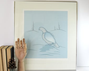 Ptarmigan Northern Landscape - Vintage Framed Art Print - Signed Original Screenprint Art - Oliver Davey Indigenous Art - Blue Home Decor