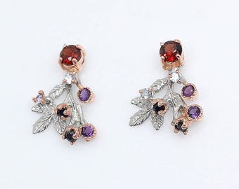 Garnet Earrings, red gift mom, Statement earrings for women, January Birthstone, gift coworker, flower earrings, Botanical nature inspired