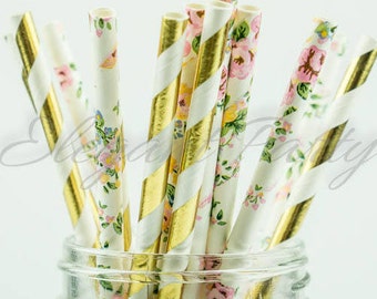 25 paper straws/ Floral pink and foil gold straws/ paper straws decoration /birthday decoration/ tableware straw /pink and foil gold straw