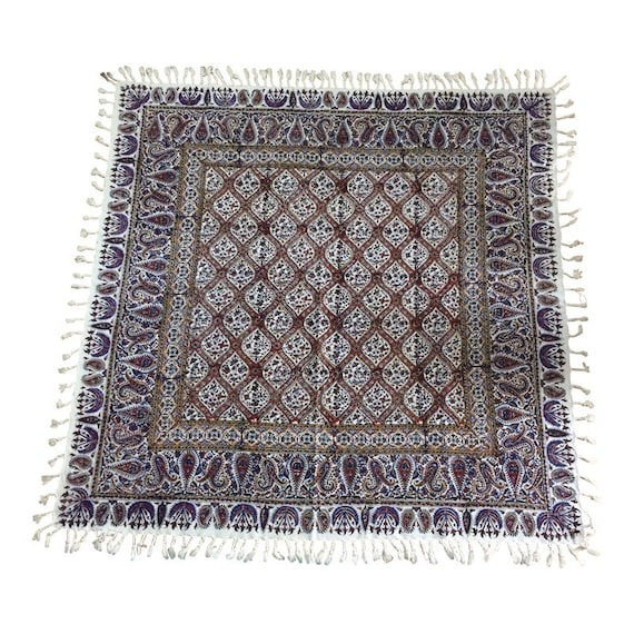 Hand block printed Square tablecloth, 39" inches natural dyes tapestry art with tassels