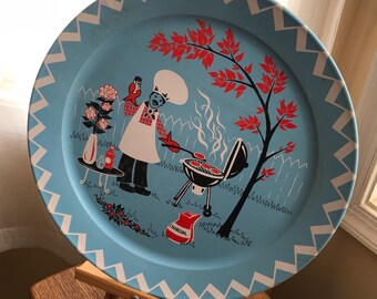 Vintage 1950's Large Round Metal Serving Tray w/ BBQ Theme