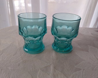 Set Of 2 Retro Anchor Hocking Heavy Georgian Aqua Blue Glass Tumblers Vintage Water Glasses Drinkware