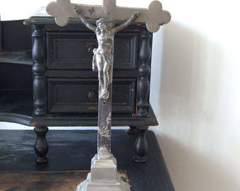 Vintage European altar CRUCIFIX, chromed crucifix, religious symbol, home altar cross, home shrine, standing altar crucifix, religious decor