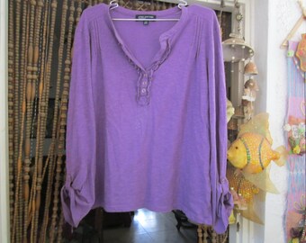 Purple Cotton V-Neck Shirt Top with Long Roll Tab Sleeves, Vintage - Large to XLarge