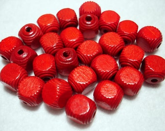 Red Corrugated Cube Wood 10x8mm Beads (Qty 26) - B3556