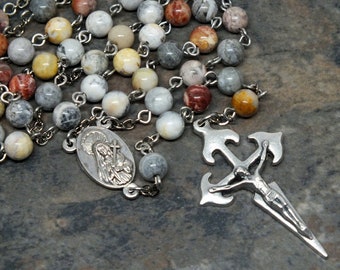 Gemstone Rosary of Crazy Lace Agate. Mater Dolorosa Center with Jerusalem Soil Relic, St. James Crucifix, Men's Rosary, 5 Decade Rosasary