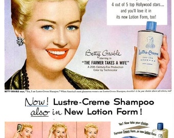 1953 Betty Grable Lustre Creme Shampoo Old Hollywood Regency Starlet WWII Pin Up Girl Million Dollar Legs Beauty Salon Wall Art Decor Poster