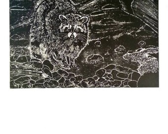 Raccoon Collagraph Print