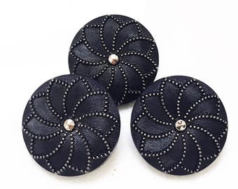 vintage eco friendly pristine textured black glass with silver trim flower design--matching lot of 3