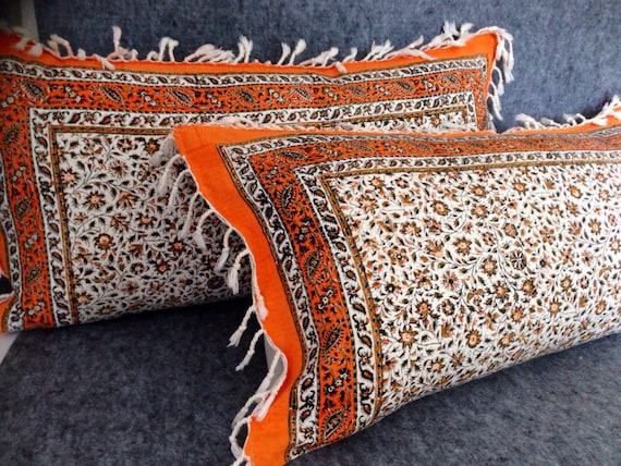 Set of two handmade orange tapestry pillow cover, floral design in calico fabric and irish linen 16 x 30 inches