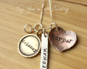 Hand Stamped Mothers Necklace, Name necklace with mixed metals, Sterling Silver, Gold Colored Brass, Copper Necklace, Three Kids