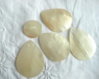 Mother of pearl trims and button - carved mother of pearl leaves - vintage carved mother of pearl teardrop shapes - vintage mop button
