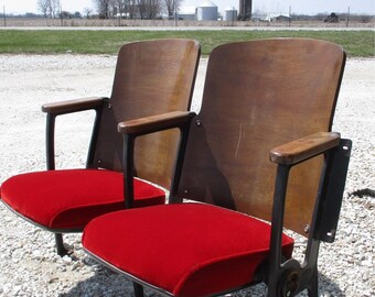 2 Movie Theater Red Seats Vintage Chair Art Deco Hollywood Auditorium n, Theater Seats, Wooden Chairs, Entryway Bench, Theatre Seats