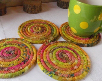 Coaster Set of 4 Coiled Batik Fabric Coasters - Yellowish Green, Bright Pink, Coral, Absorbent Coasters