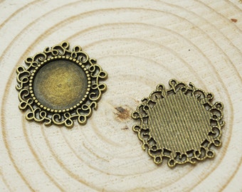 Cabochon Base -10pcs Antique Bronze Cabochon Setting Bezel Tray Charm Pendants 14mm (501-81-A)