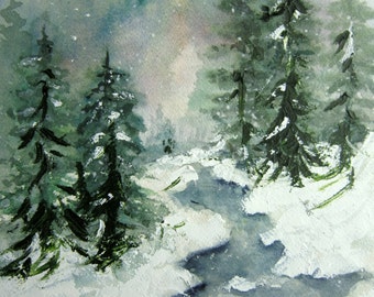 Winter Brook, Print of Original Watercolor Landscape Painting, winter painting, winter landscape, snow painting, winter stream, winter snow.