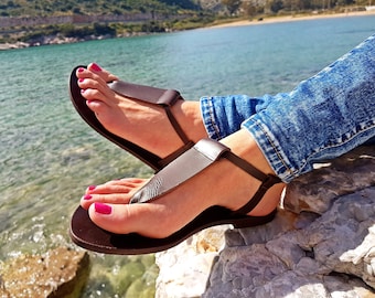 Brown Sandals for Women, Dark Brown Leather Summer Flats, Greek Sandals, Flat T-strap Sandals Handmade in Greece - 7 colors!