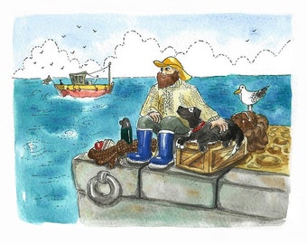 Fisherman's Friend, limited edition Irish art print - archival quality, dog and fisherman, gift, wall art