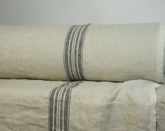 Pure 100% linen fabric 340gsm. French grain sack pattern, not dyed flax, black stripes. Heavy, rough, washed-softened. For upholstery, bags.