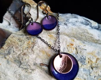 Prussian Blue and Light Purple, Feather, Torch Fired Enamel, Hand Crafted, Unique
