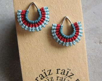 Textile Teardrop Silver Stud Earrings . Micro Macrame . Fiber Jewelry . Geometric Fan Earrings . Design by .. raïz ..