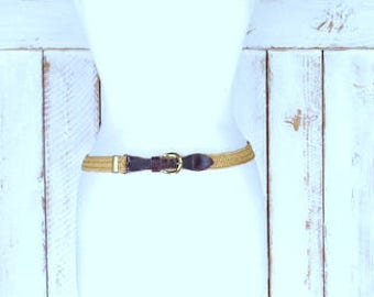 Vintage tan/light brown elastic stretch chord skinny belt/woven jute twine chord elastic belt