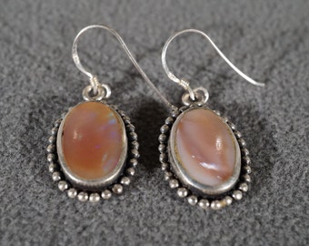 Vintage Sterling Silver 2 Large Oval Mother Of Pearl Fancy Raised Relief Beaded Setting Euro Wire Design Pierced Earrings #651