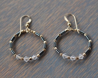 Hematite and Gold Beaded Hoop Earrings, Crystal Beaded Earrings, Edgy Minimalist Hoop Earrings, Boho Glam Gemstone Earrings, Modern Earrings