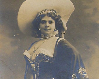 SALE 1900s French postcard, Actress with large hat, Real photo postcard (RPPC) paper ephemera.